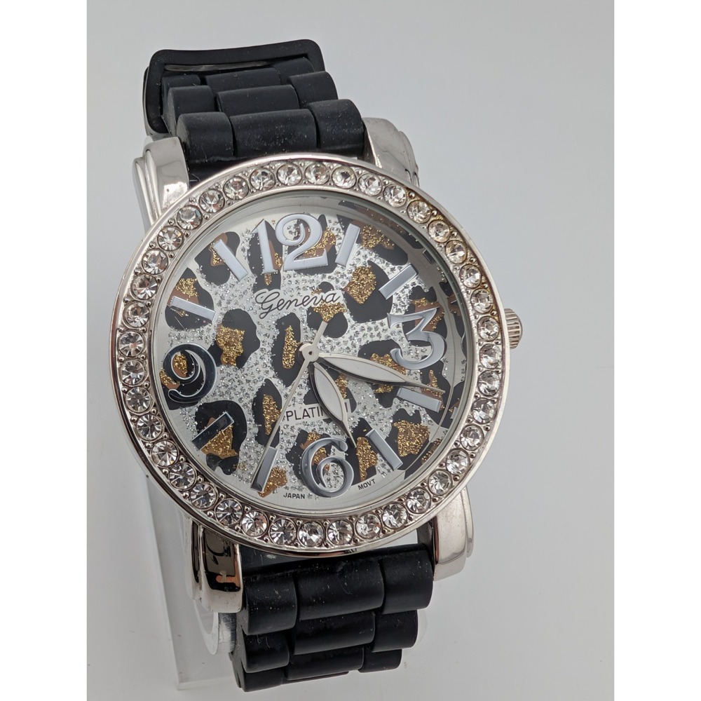 Geneva Women's Watch Cheetah Dial 43mm Case Black Silicone Band- New Battery